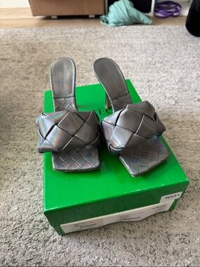 Bottega Veneta Iridescent Gray Woven Slide Mules